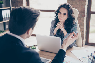 Poster - Photo of serious wondered lady listening candidate guy counting personal qualities sitting modern office workshop