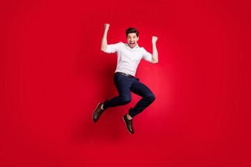 Sticker - Full length body size photo of man jumping with happiness dressed formally while isolated with red background