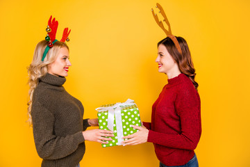 Sticker - Photo of two cute relatives ladies taking big giftbox for xmas wear jumpers and head horns isolated yellow background