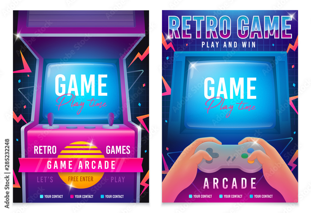 Retro gaming, Game of 80s-90s. Arcade machine. Retro arcade game machine. Play time poster, flyer template. Vector illustration