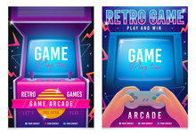 Retro Gaming, Game Of 80s-90s. Arcade Machine. Retro Arcade Game Machine. Play Time Poster, Flyer Template. Vector Illustration