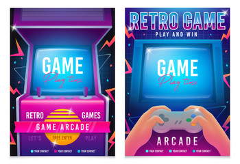 Wall Mural - Retro gaming, Game of 80s-90s. Arcade machine. Retro arcade game machine. Play time poster, flyer template. Vector illustration