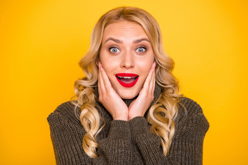 Sticker - Photo of amazing positive lady listening unexpected great news wear warm sweater isolated yellow background