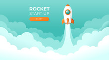Rocket Launch In The Sky Flying Over Clouds. Space Ship In Smoke Clouds. Business Concept. Start Up Template. Horizontal Background. Simple Modern Cartoon Design. Flat Style Vector Illustration.