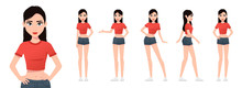 Girl Character Set Isolated On A White Background. Various Poses. Woman Dressed In Shorts And A T-shirt. Mouth And Body Animation. Cute Simple Cartoon Design. Flat Style Vector Illustration.