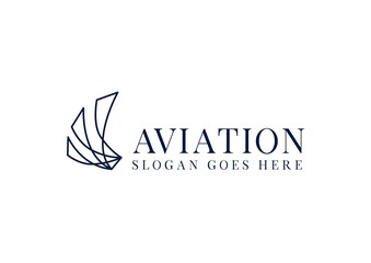 Wall Mural - Blue feather wings in modern line art aviation logo design