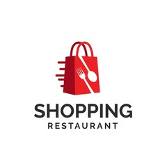 Wall Mural - red shopping bag e-commerce market logo design with spoon and fork shapes