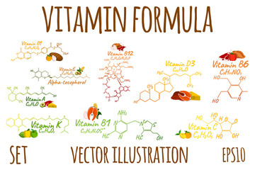 Vitamin complex with Formula Label and Icon. Cartoon Vector Illustration