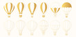 Set of golden hot air balloons silhouettes and outlines. Cute vector gold icons. Sky transport for travel.