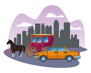 cars and horse carriages vehicles