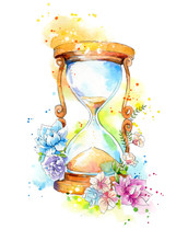 Watercolor Painting Of A Hourglass Decorated With Flowers