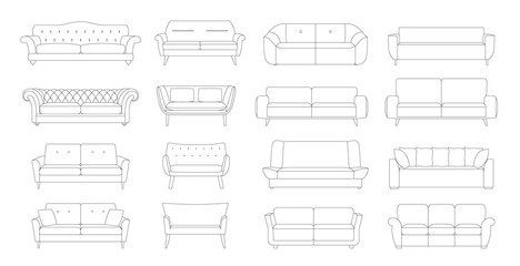 Sofa line Icons. Furniture design. Comfortable couch collection isolated on white background for interior design. Collection of sofa illustration.