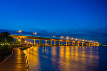 The Segmental Precast Concrete Roosevelt Bridge As Seen From The Riverwalk In Downtown Stuart, Martin County, Florida, USA