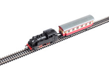 Model Of A Steam Locomotive And Cistern On Rails On A White Background