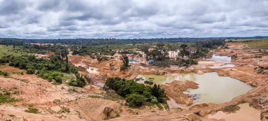 Wall Mural - Aerial view of deforested area of the Amazon rainforest caused by illegal mining activities in Brazil. Deforestation and illegal gold mining destroy the forest and contaminate the rivers with mercury.