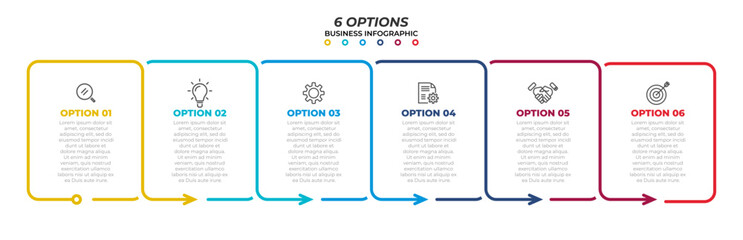 Thin line flat infographic design template with marketing icons and 6 options, steps. Vector timeline elements. Can be used for process diagram, presentations, workflow layout, flow chart, info graph.