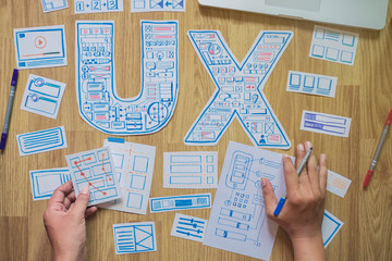ux designer creative prototype Graphic planning application development for web mobile phone . User experience concept.