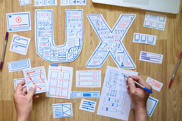 ux designer creative prototype Graphic planning application development for web mobile phone . User experience concept.