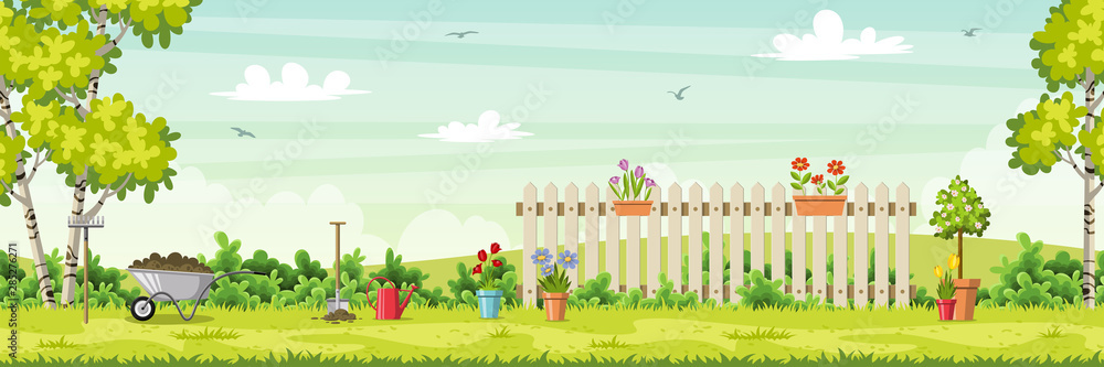 Spring landscape with garden tools, vector illustration - obrazy, fototapety, plakaty 