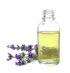  Bottle of essential oil and lavender flowers isolated on white