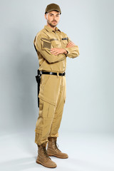 Wall Mural - Male security guard in uniform on grey background