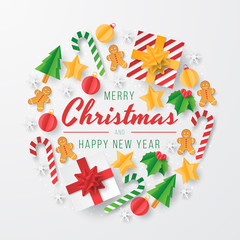 Wall Mural - Christmas background with christmas element. Papercut style. Vector illustration