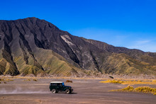 Mount Bromo Volcano, Indonesia.JULY 27 ,2019: The Tourist Driving Navy Blue Jeeps At Mount Bromo 