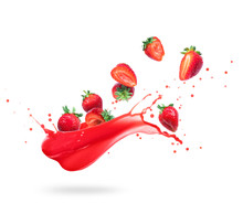 Strawberries With Splashes Of Fresh Juice, Isolated On White Background