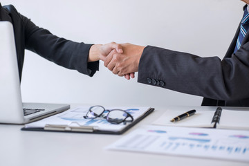 Aufkleber - Business partnership meeting, Two confident Business handshake and business people after discussing good deal of Trading contract and new projects for both companies, success, partnership