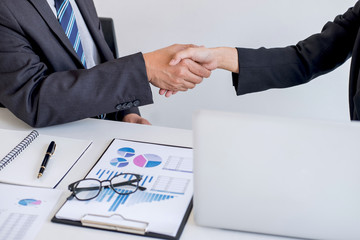 Aufkleber - Business partnership meeting, Two confident Business handshake and business people after discussing good deal of Trading contract and new projects for both companies, success, partnership