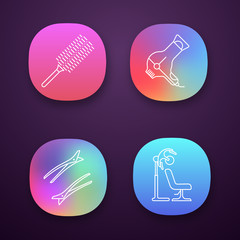 Sticker - Hairdress app icons set. Professional hairstyling. Hairdresser tools. Comb, hairdryers, hair clips. Haircut and styling. UI/UX user interface. Web or mobile applications. Vector isolated illustrations