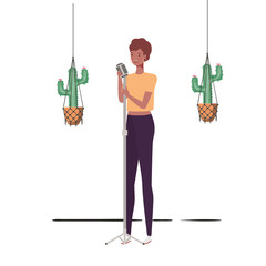 Wall Mural - woman with microphone with stand and houseplants on macrame hangers of background