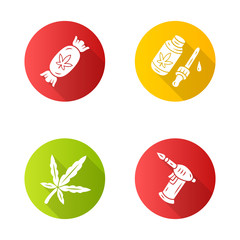 Sticker - Weed products flat design long shadow glyph icons set. Cannabis industry. CBD oil and candy. Marijuana legalization. Hemp distribution, sale. Alternative medication. Vector silhouette illustration