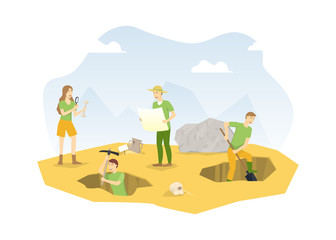 Poster - Cartoon Color Characters People and Archeology Excavations Concept. Vector