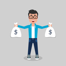 A Young Man Is Holding Two Money Bags. Financial Success Concept. Become Rich Concept. He Is Standing And Smiling, Looking Excited, Dressed Casual.  Stock Vector Illustration, Flat Style, Clip Art.