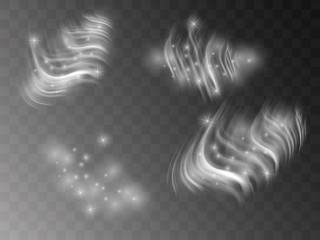 Wall Mural - Smoke, wind vector collection, isolated, transparent background. Set of realistic white smoke steam, waves from coffee,tea,cigarettes, hot food,... Fog and mist effect.