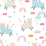 Seamless childish pattern with funny llama unicorns, rainbows, clouds. Creative kids texture for fabric, wrapping, textile, wallpaper, apparel. Vector illustration