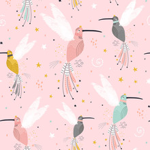 Seamless Childish Pattern With Fairy Collibi, Stars. Creative Scandinavian Style Kids Texture For Fabric, Wrapping, Textile, Wallpaper, Apparel. Vector Illustration