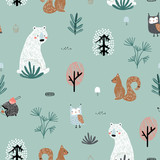 Seamless childish pattern with cute bear, squirrels, owl, hedgehog in the wood. Creative kids forest texture for fabric, wrapping, textile, wallpaper, apparel. Vector illustration