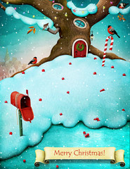 Festive greeting card or poster with Christmas or New Year with tree house in the forest