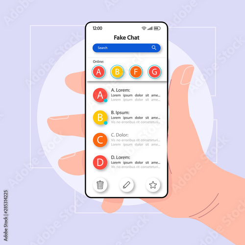 Fake Chatting Software Smartphone Interface Vector Template Mobile App Page Color Design Layout Texting To Users Screen Flat Ui For Application Hand Holding Phone With False Messaging On Display Stock Vector Fake Chatting Software Smartphone Interface Vector Template Mobile App Page Color Design Layout Texting To Users Screen Flat Ui For Application Hand Holding Phone With False Messaging On Display Stock Vector