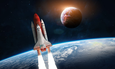 Leinwandbilder - Space shuttle rocket, Earth and other planet with atmosphere in deep space. Elements of this image furnished by NASA
