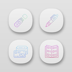 Wall Mural - Office work accessories app icons set. UI/UX user interface. Web or mobile applications. Business attributes vector isolated illustrations. Flash drive, pen, company catalog and envelope with id card