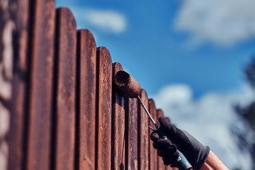 Process of fence renovation at bright sunny day by man in protective gloves.