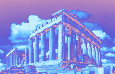 Fototapete - Parthenon temple in Acropolis in Athens, Greece. in vibrant gradient holographic colors
