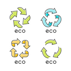 Sticker - Eco labels green color icons set. Arrows signs. Recycle symbols. Alternative energy. Environmental protection stickers. Eco friendly chemicals. Organic cosmetics. Isolated vector illustrations