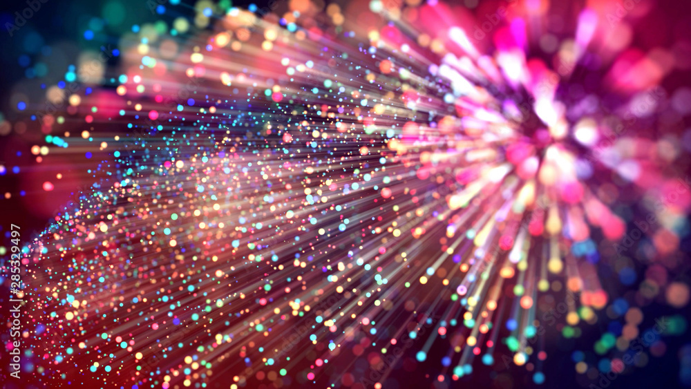 3d abstract beautiful background with colorful glowing particles, depth of field and bokeh effect. Abstract explosion of multicolored shiny particles or light rays like laser show. - obrazy, fototapety, plakaty 