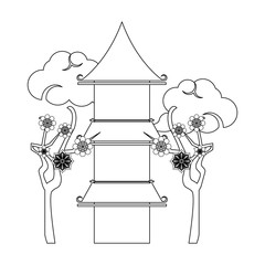 Canvas Print - chinese oriental asian building cartoon in black and white