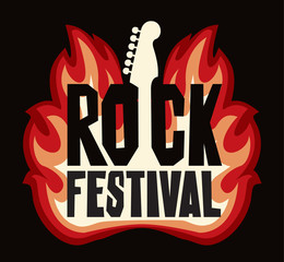 Wall Mural - Music banner with electric guitar and words Rock Festival on fire. Vector illustration. Creative lettering for t-shirt design in modern style