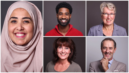 different portratis of people in front of a grey background